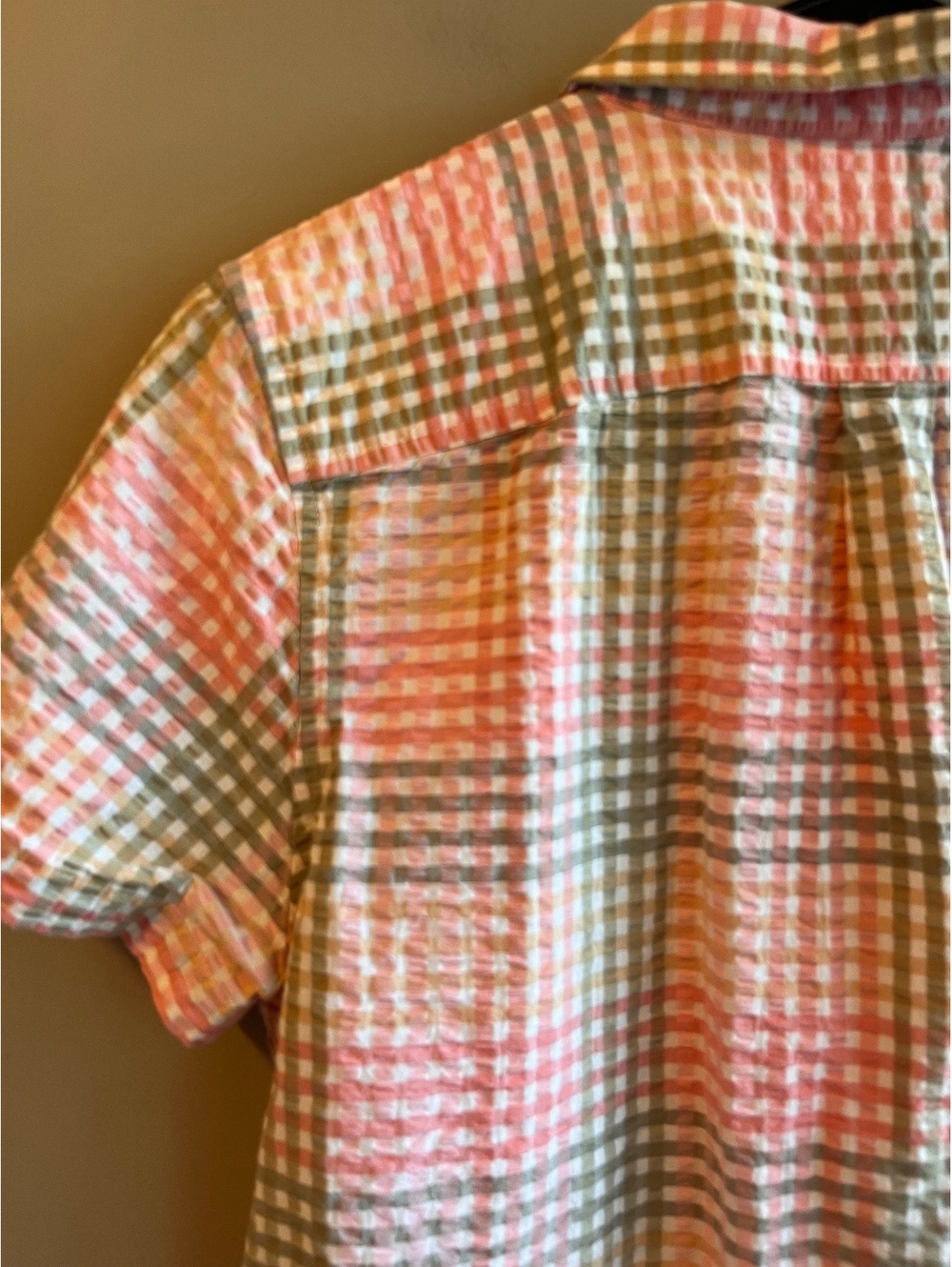 L.L.Bean Vacationland Seersucker Short Sleeve Popover Plaid Shirt Pink Green - Picture 8 of 10